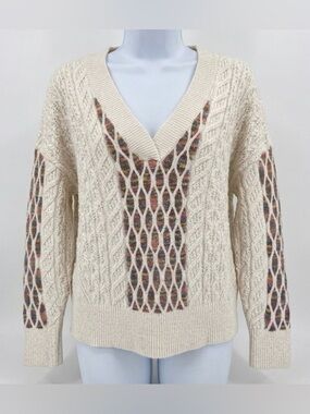 Devoted Cream V-Neck Cable Knit Sweater Multicolour Lattice Women’s Medium